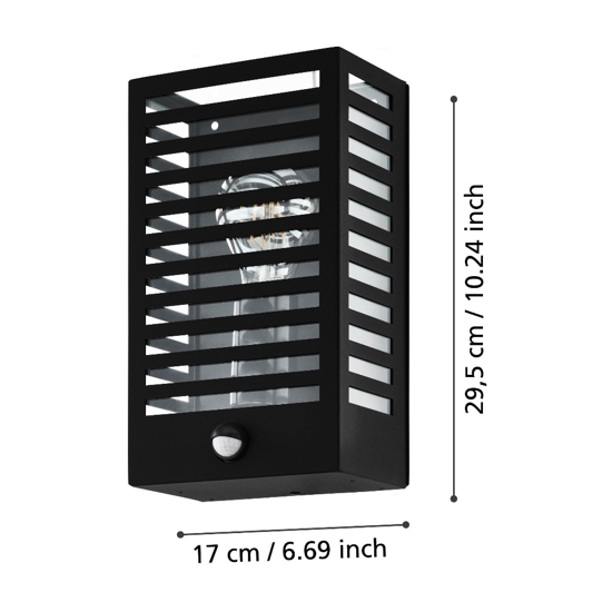 Applique da esterno metallo nero IP44 sensore di movimento e crepuscolare E27
